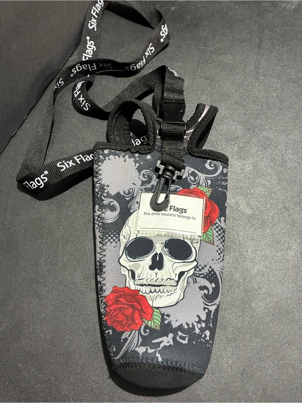 Six Flags Skull & Rose Neoprene Drink Insulator Pouch 9X5” Removable Strap Goth
